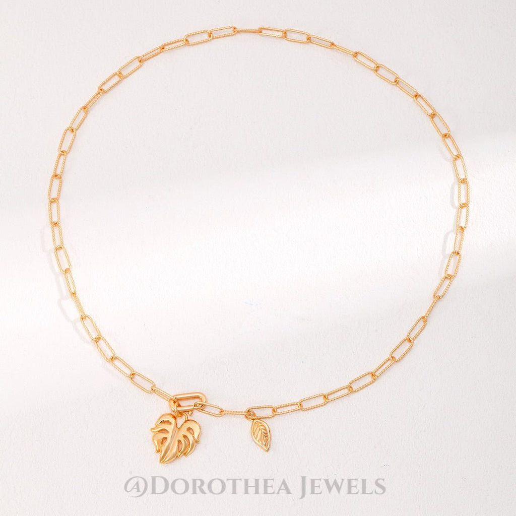 Monstera Leaf Charm Paperclip Chain Necklace - 925 Sterling Silver Vintage Gold - DOROTHEA JEWELS