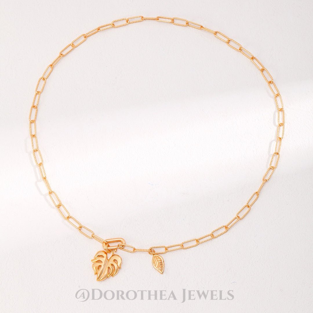 Monstera Leaf Charm Paperclip Chain Necklace - 925 Sterling Silver Vintage Gold - DOROTHEA JEWELS