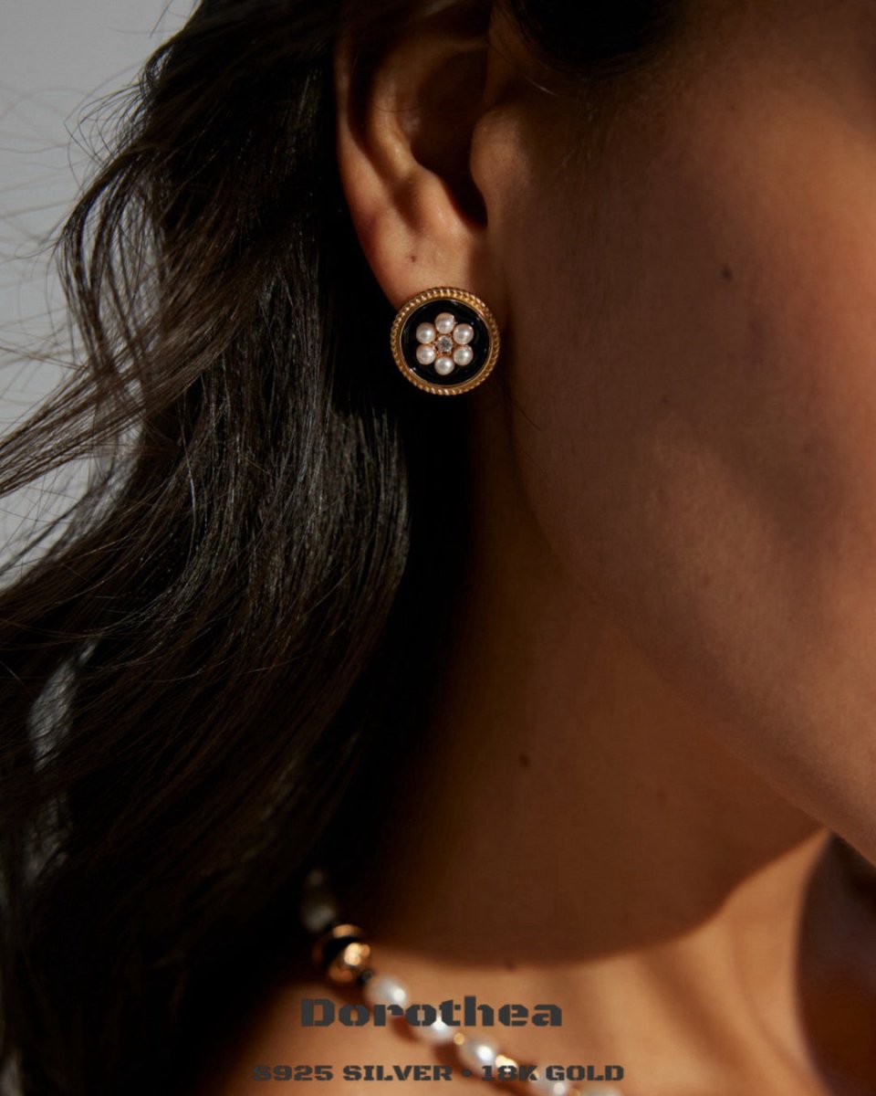 Vintage Style 18K Gold Plated Black Enamel Earrings / Ring - DOROTHEA JEWELS