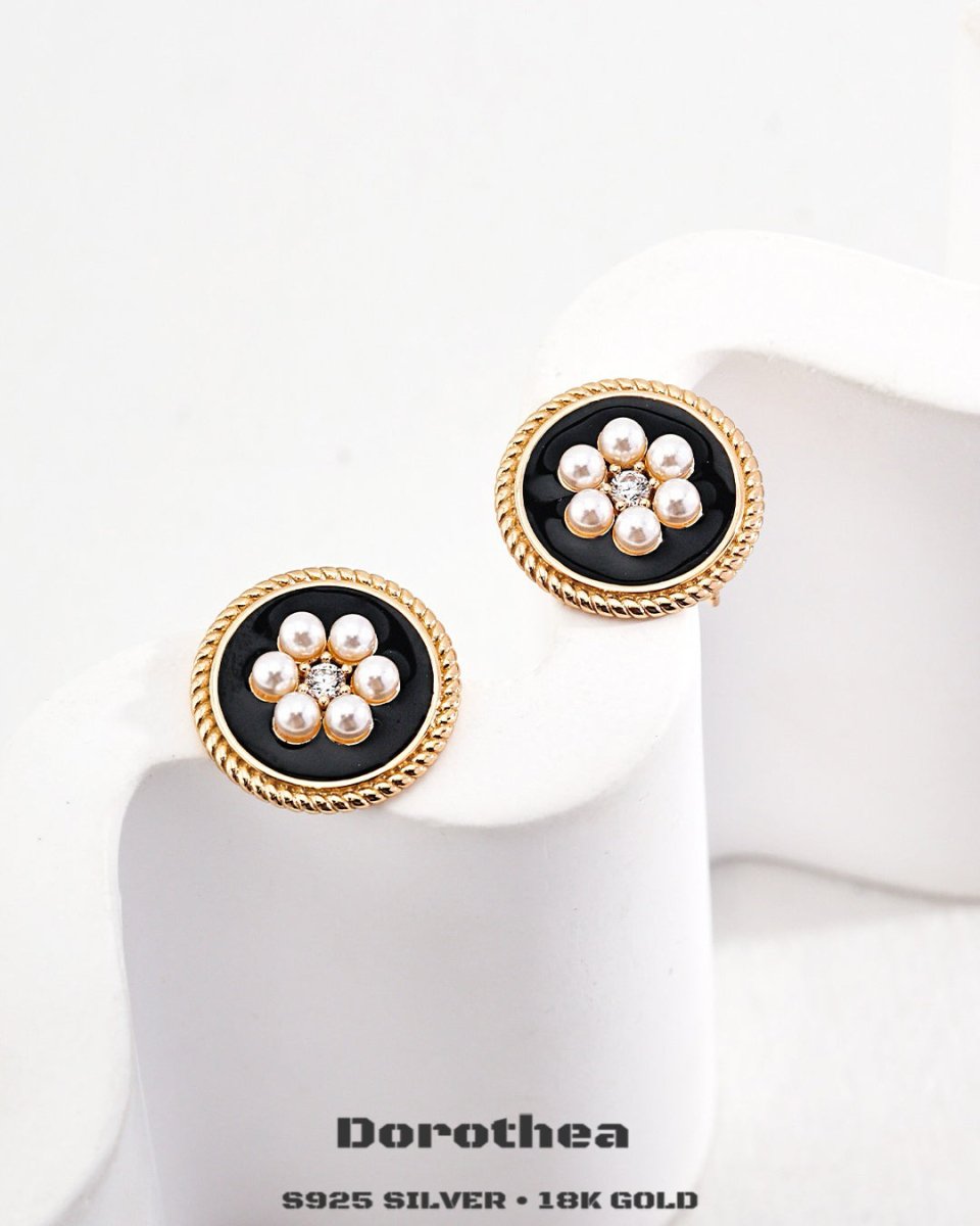 Vintage Style 18K Gold Plated Black Enamel Earrings / Ring - DOROTHEA JEWELS