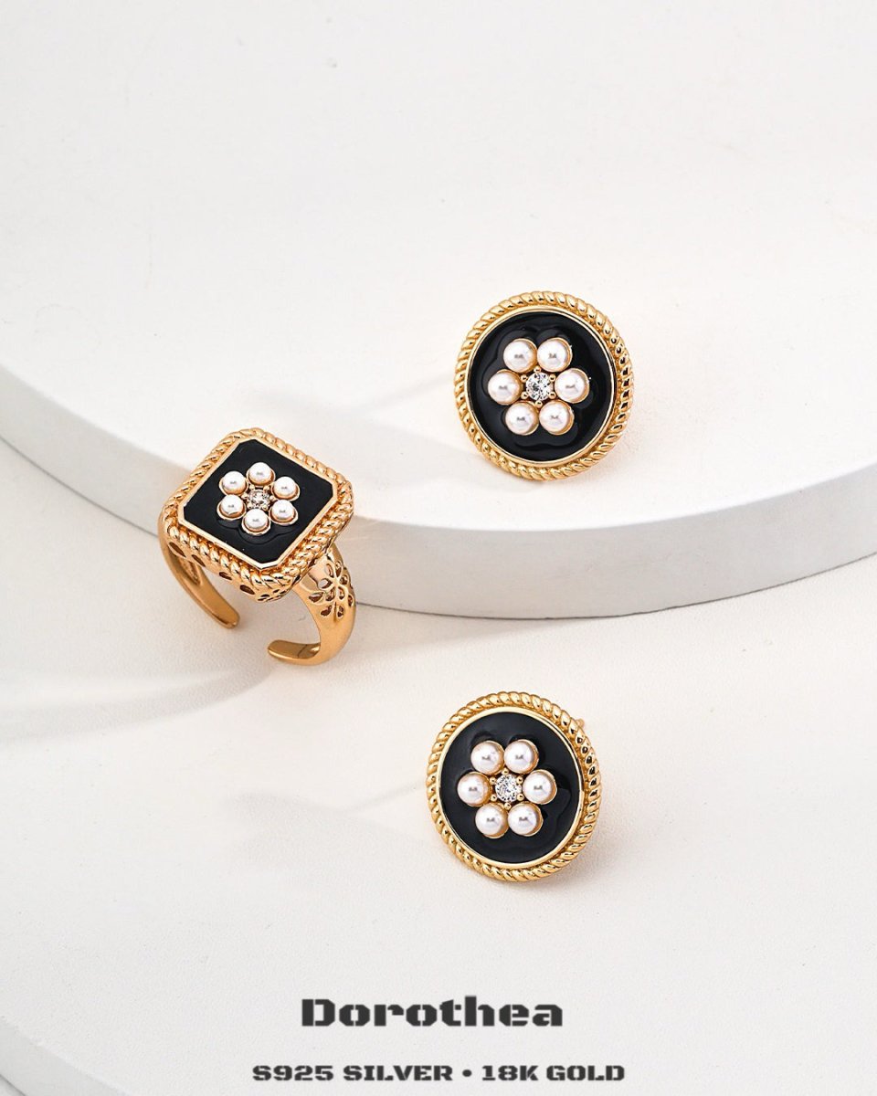 Vintage Style 18K Gold Plated Black Enamel Earrings / Ring - DOROTHEA JEWELS