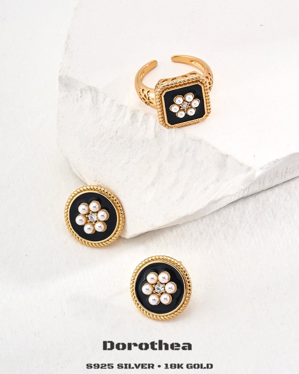 Vintage Style 18K Gold Plated Black Enamel Earrings / Ring - DOROTHEA JEWELS