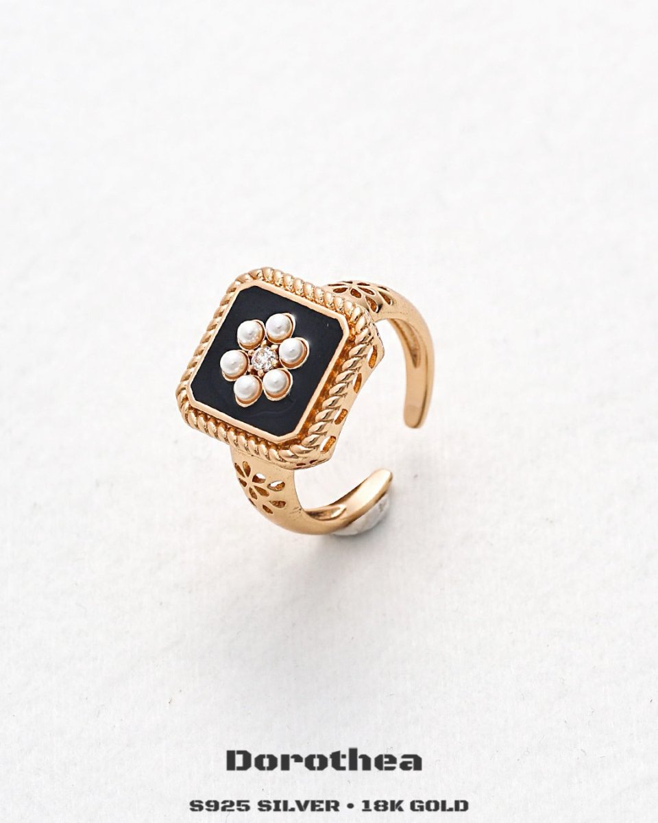 Vintage Style 18K Gold Plated Black Enamel Earrings / Ring - DOROTHEA JEWELS