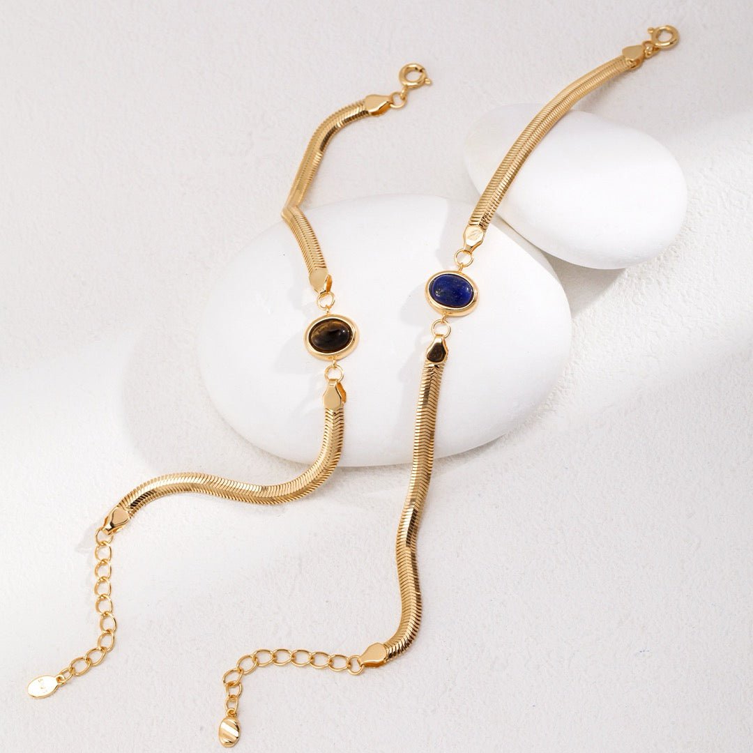 S925 Silver Tiger’s Eye & Lapis Lazuli Herringbone Bracelet - DOROTHEA JEWELS