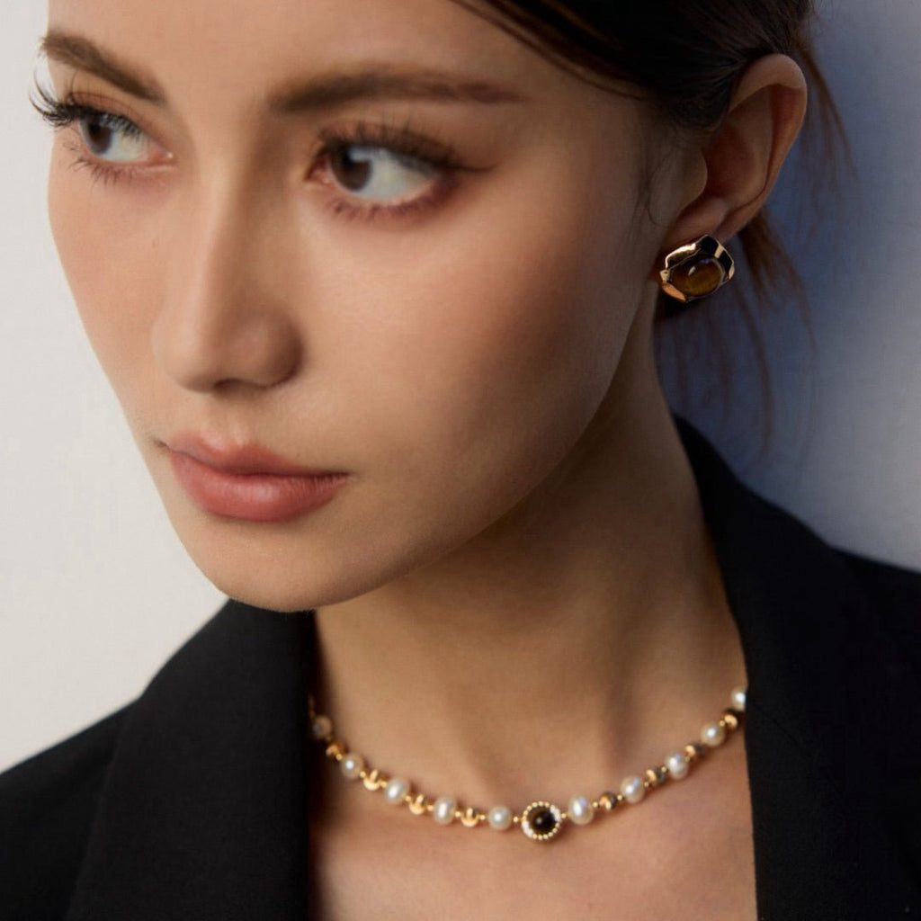 Natural Pearl & Tiger’s Eye S925 Silver Necklace - DOROTHEA JEWELS