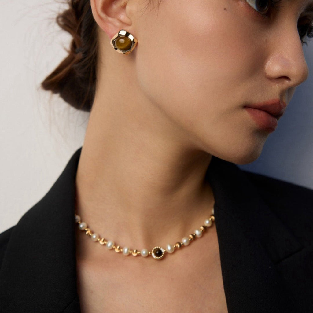Natural Pearl & Tiger’s Eye S925 Silver Necklace - DOROTHEA JEWELS