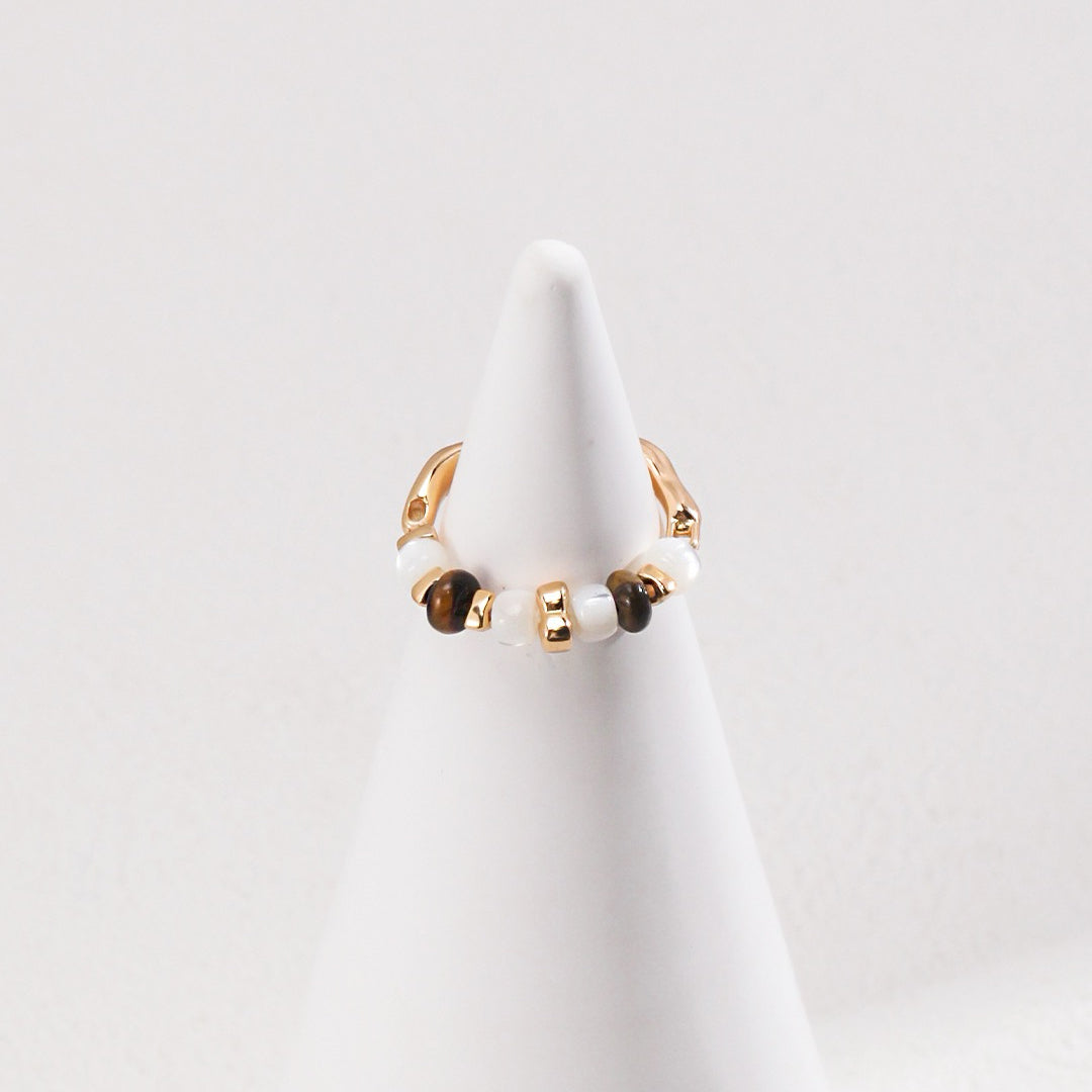 【Dorothea】Tiger Eye Beaded Wavy Ring | 18K Gold Plated Silver