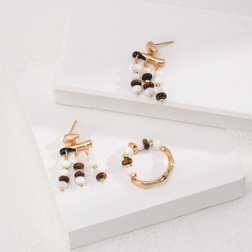 【Dorothea】Tiger Eye Beaded Wavy Ring | 18K Gold Plated Silver