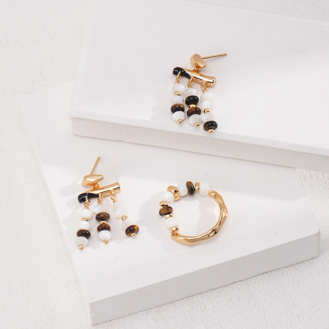 【Dorothea】Tiger Eye Beaded Wavy Ring | 18K Gold Plated Silver