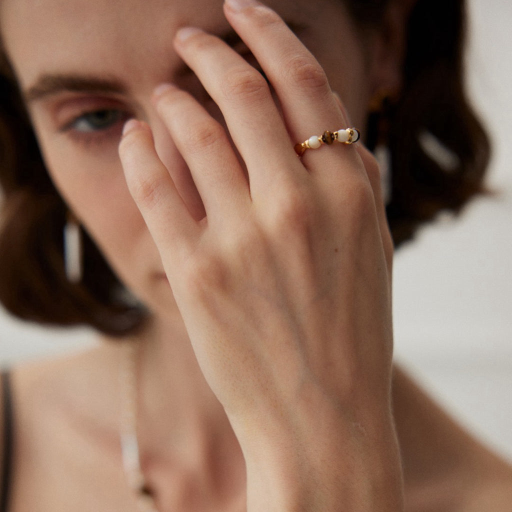 【Dorothea】Tiger Eye Beaded Wavy Ring | 18K Gold Plated Silver