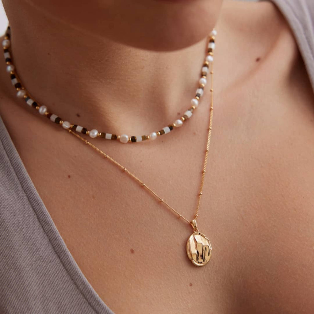 【Dorothea】Tiger Eye & Mother of Pearl Beaded Jewelry Set | 18K Gold Plated Silver