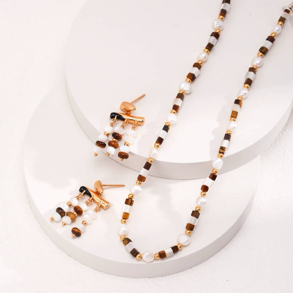 【Dorothea】Tiger Eye & Mother of Pearl Beaded Jewelry Set | 18K Gold Plated Silver