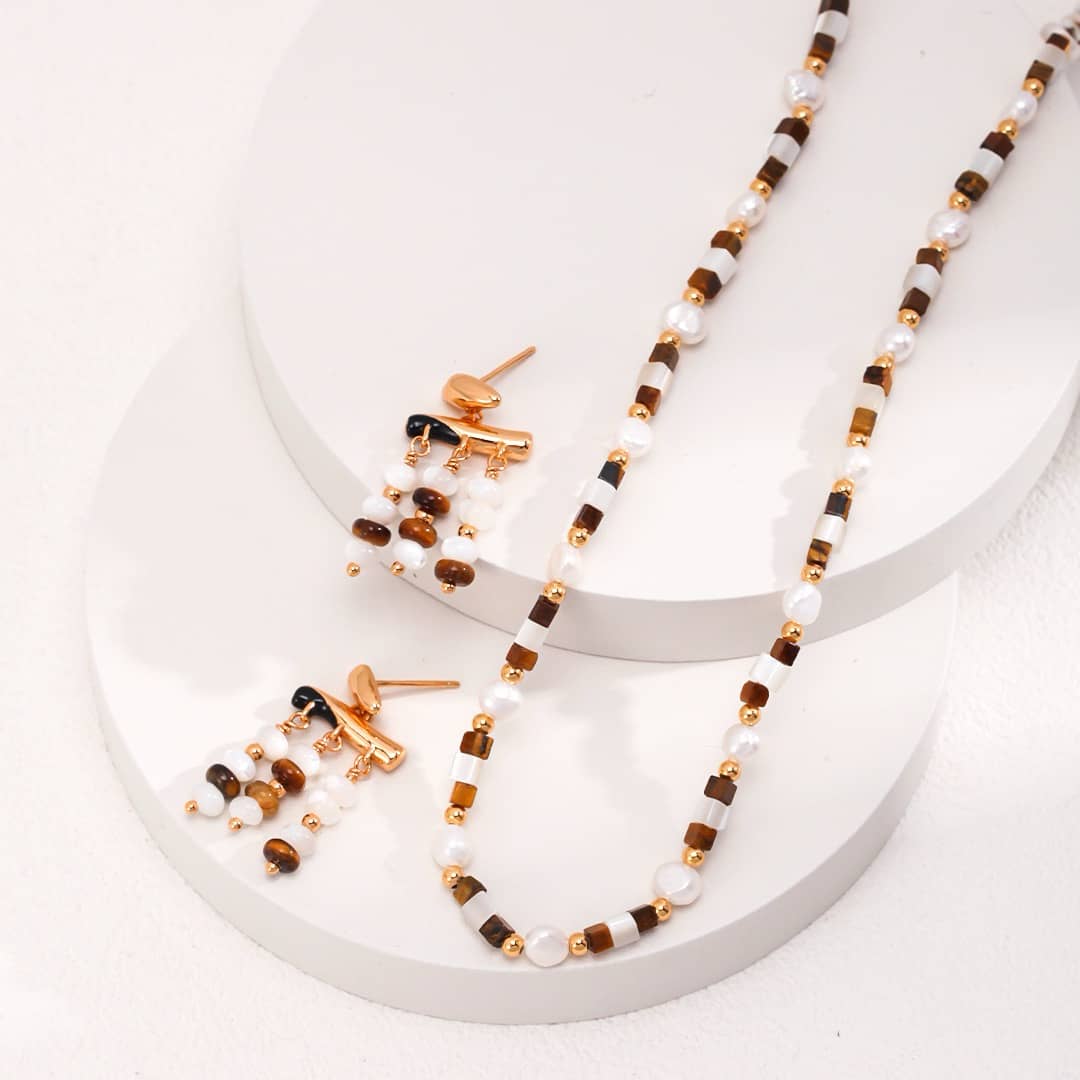 【Dorothea】Tiger Eye & Mother of Pearl Beaded Jewelry Set | 18K Gold Plated Silver