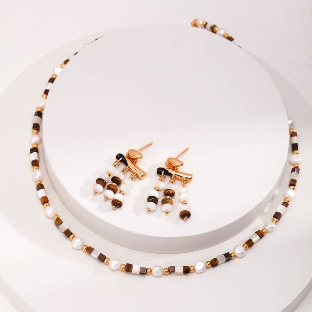 【Dorothea】Tiger Eye & Mother of Pearl Beaded Jewelry Set | 18K Gold Plated Silver