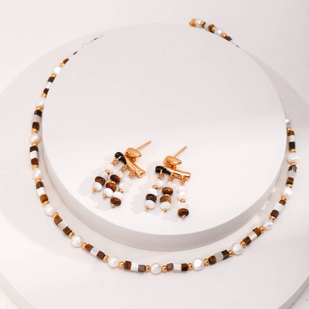 【Dorothea】Tiger Eye & Mother of Pearl Beaded Jewelry Set | 18K Gold Plated Silver