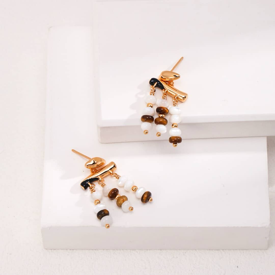 【Dorothea】Tiger Eye & Mother of Pearl Beaded Jewelry Set | 18K Gold Plated Silver