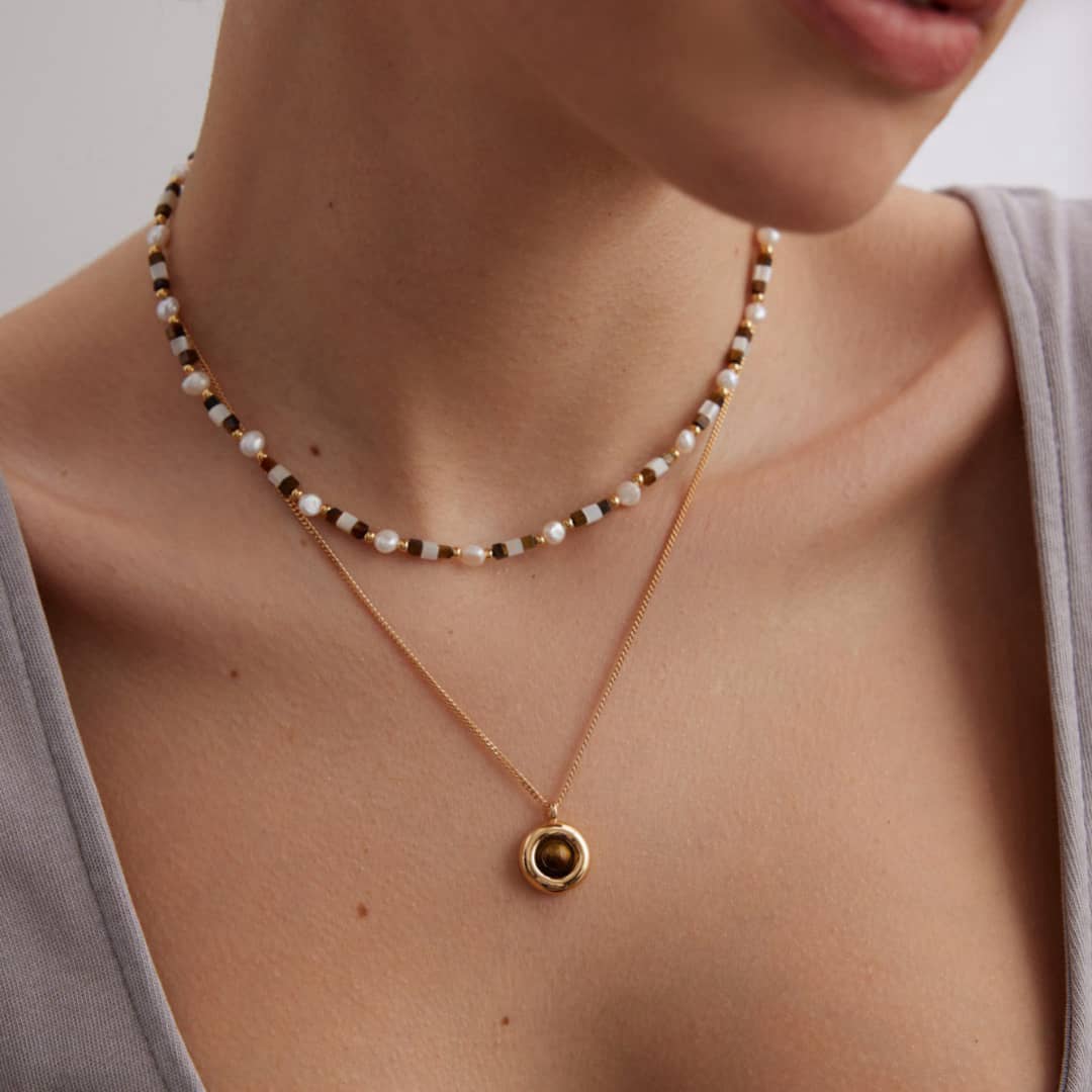 【Dorothea】Tiger Eye & Mother of Pearl Beaded Jewelry Set | 18K Gold Plated Silver