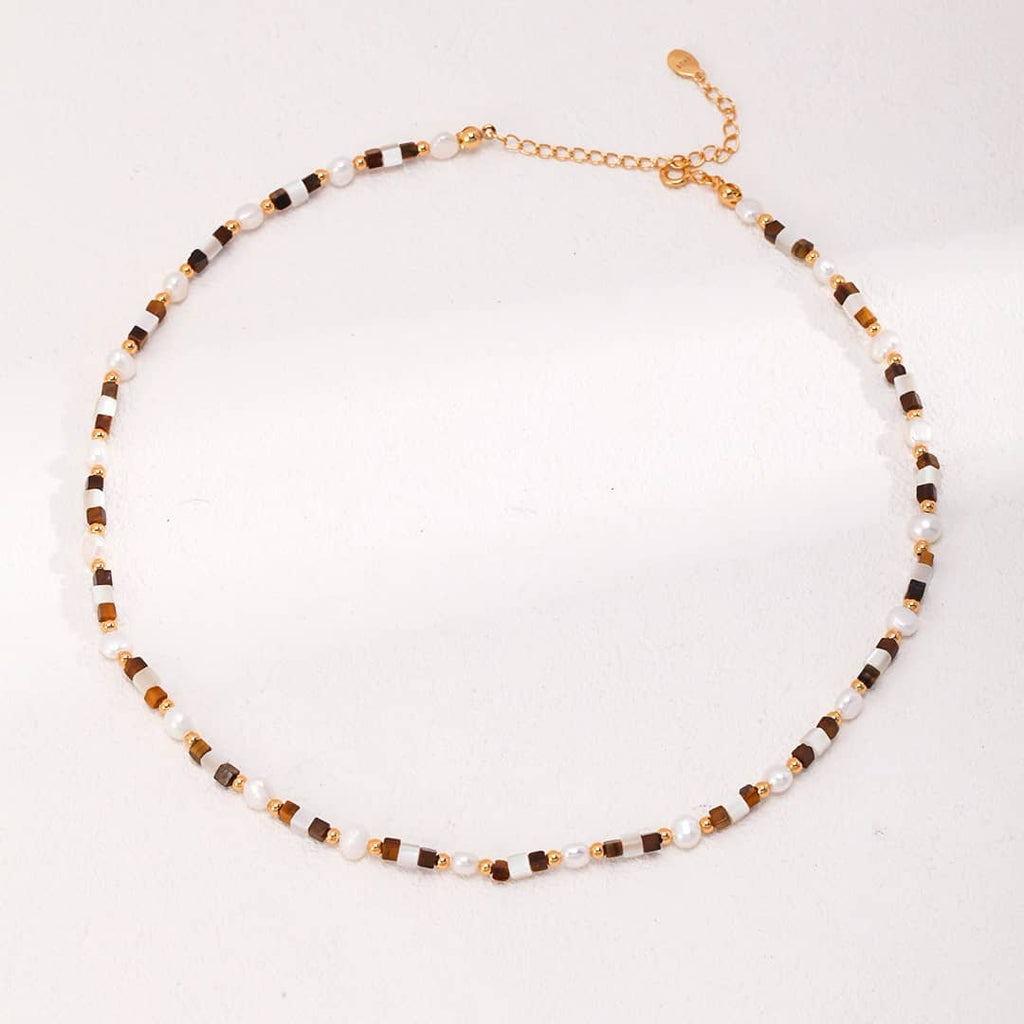 【Dorothea】Tiger Eye & Mother of Pearl Beaded Jewelry Set | 18K Gold Plated Silver