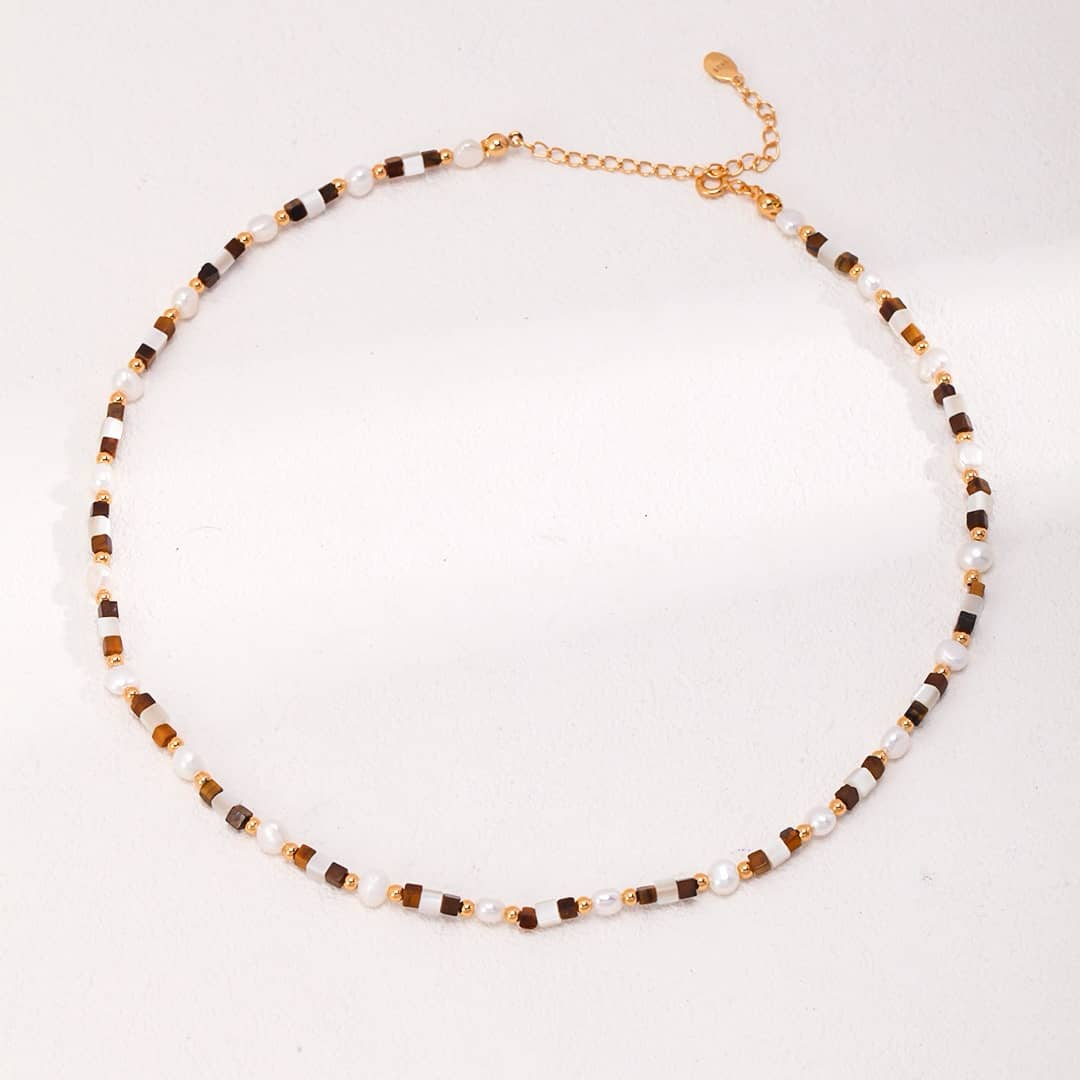 【Dorothea】Tiger Eye & Mother of Pearl Beaded Jewelry Set | 18K Gold Plated Silver