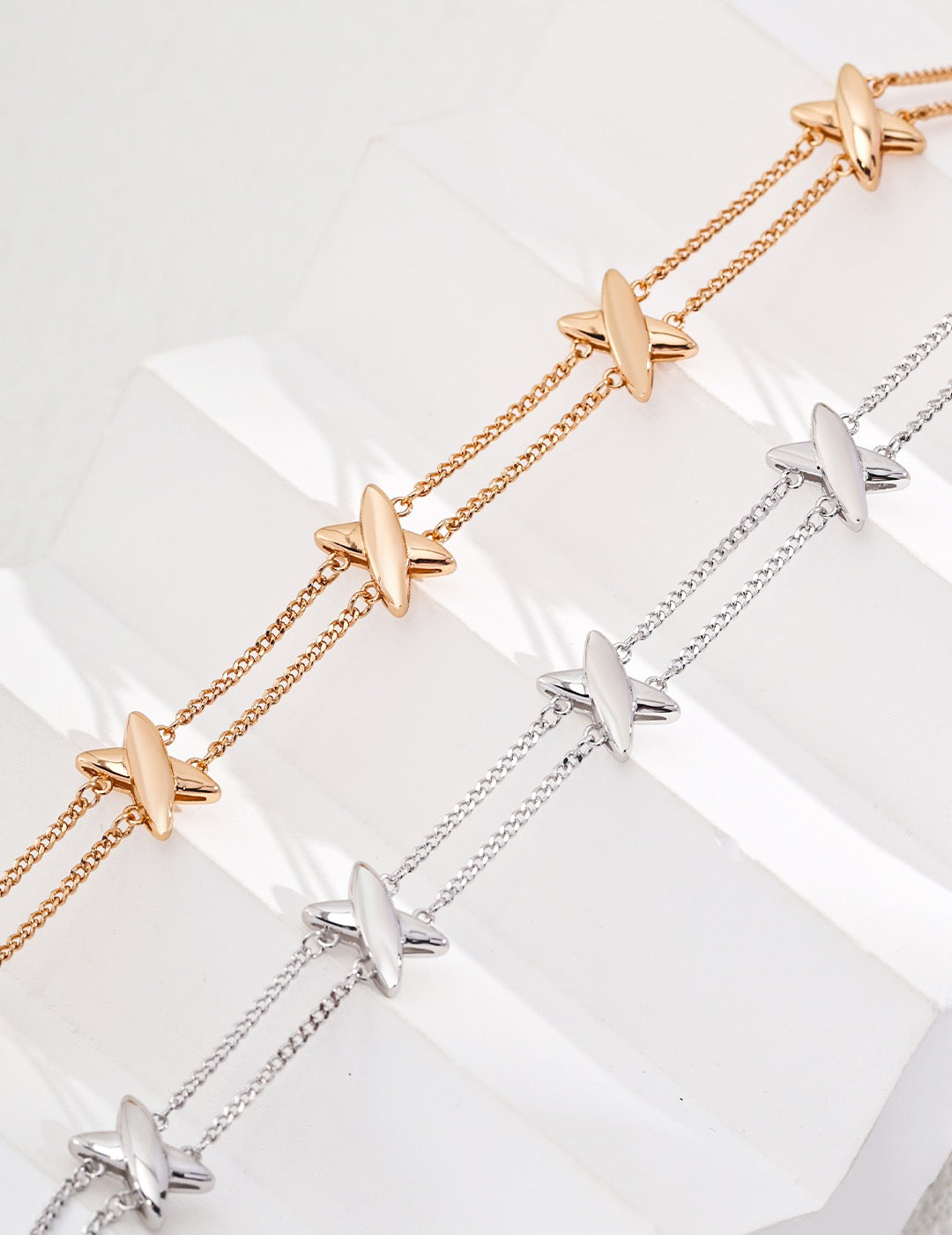 ［Dorothea Jewels］Polished Intersect Charm Double Chain Bracelet |18K Gold Plated Silver