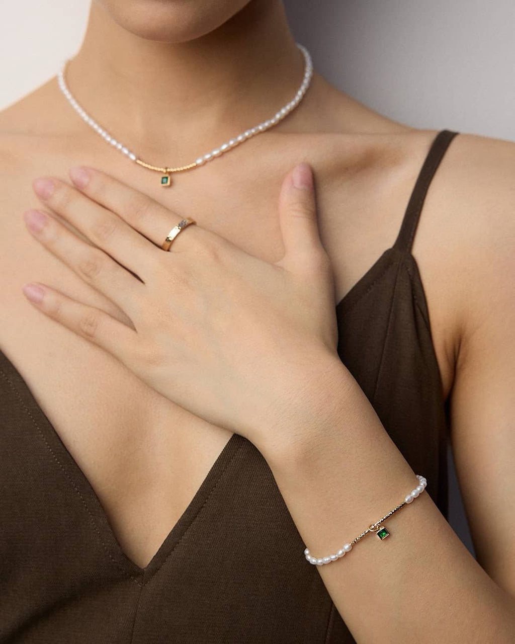 【Dorothea】 Pearl Dew Green Zircon Necklace & Bracelet Set