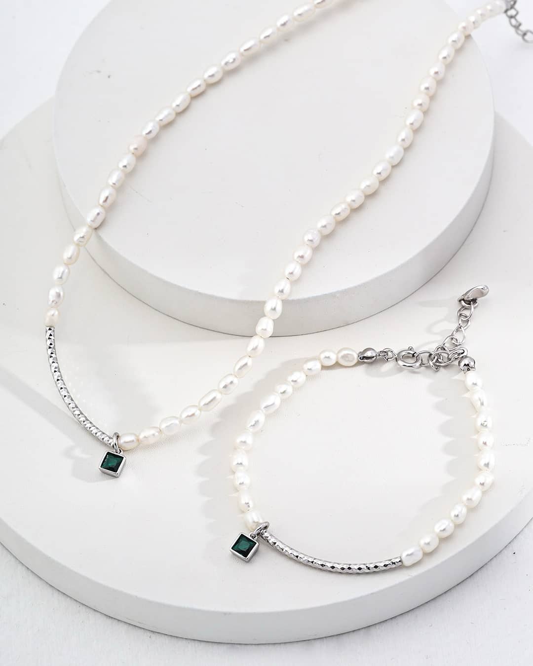 【Dorothea】 Pearl Dew Green Zircon Necklace & Bracelet Set