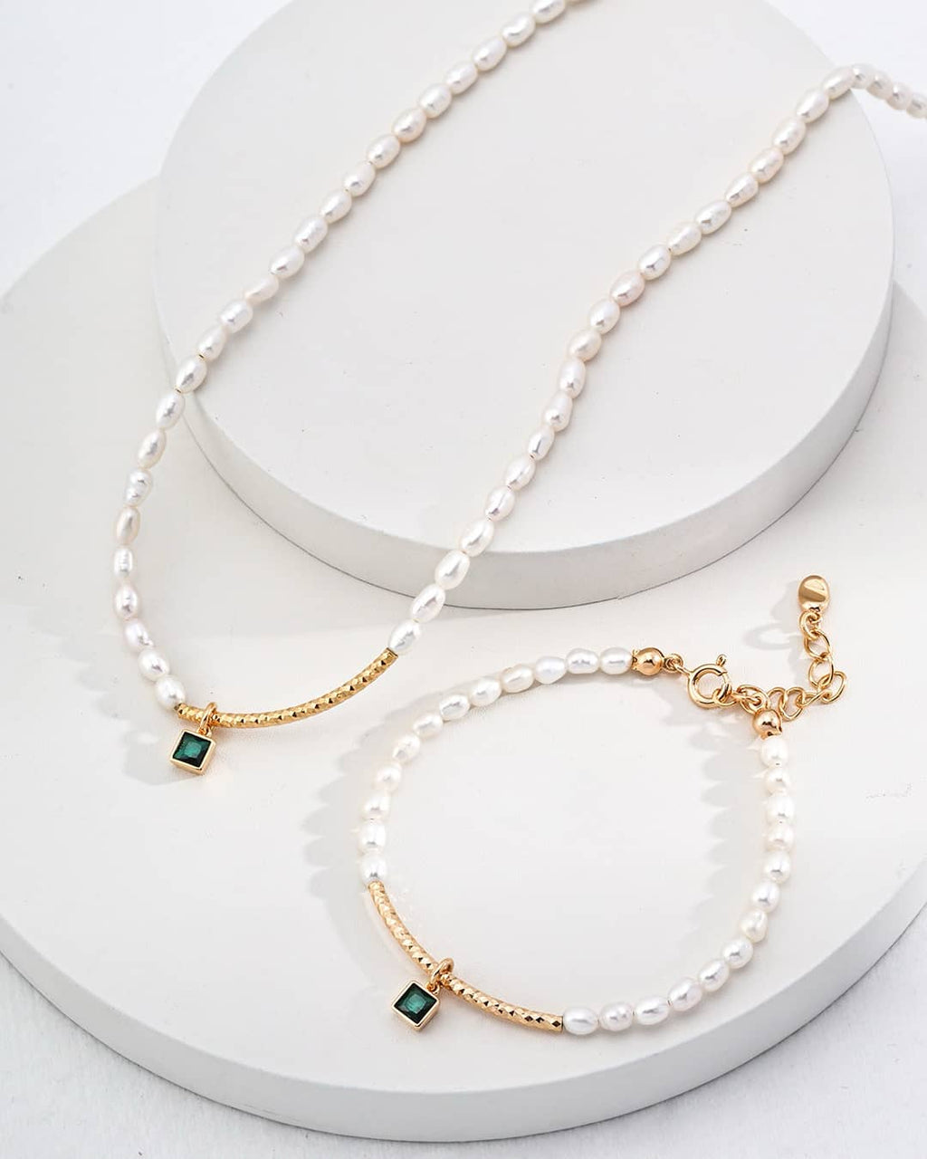【Dorothea】 Pearl Dew Green Zircon Necklace & Bracelet Set