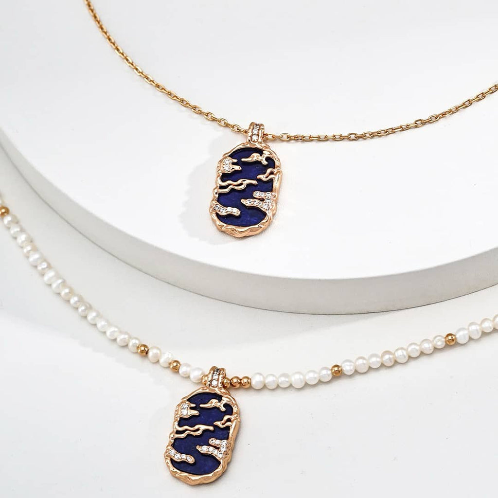 【Dorothea】Sky & Sea Lapis & Mother of Pearl Pendant Necklace Collection | 18K Gold Plated Silver