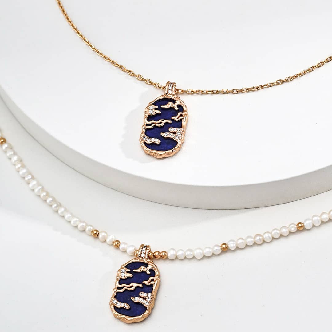 【Dorothea】Sky & Sea Lapis & Mother of Pearl Pendant Necklace Collection | 18K Gold Plated Silver