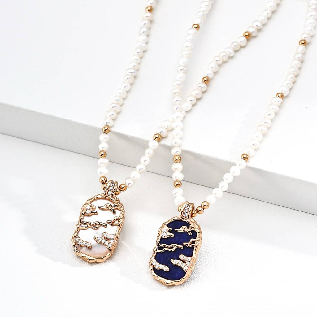 【Dorothea】Sky & Sea Lapis & Mother of Pearl Pendant Necklace Collection | 18K Gold Plated Silver