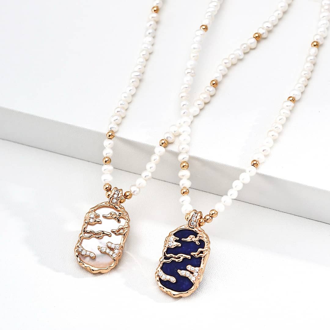 【Dorothea】Sky & Sea Lapis & Mother of Pearl Pendant Necklace Collection | 18K Gold Plated Silver