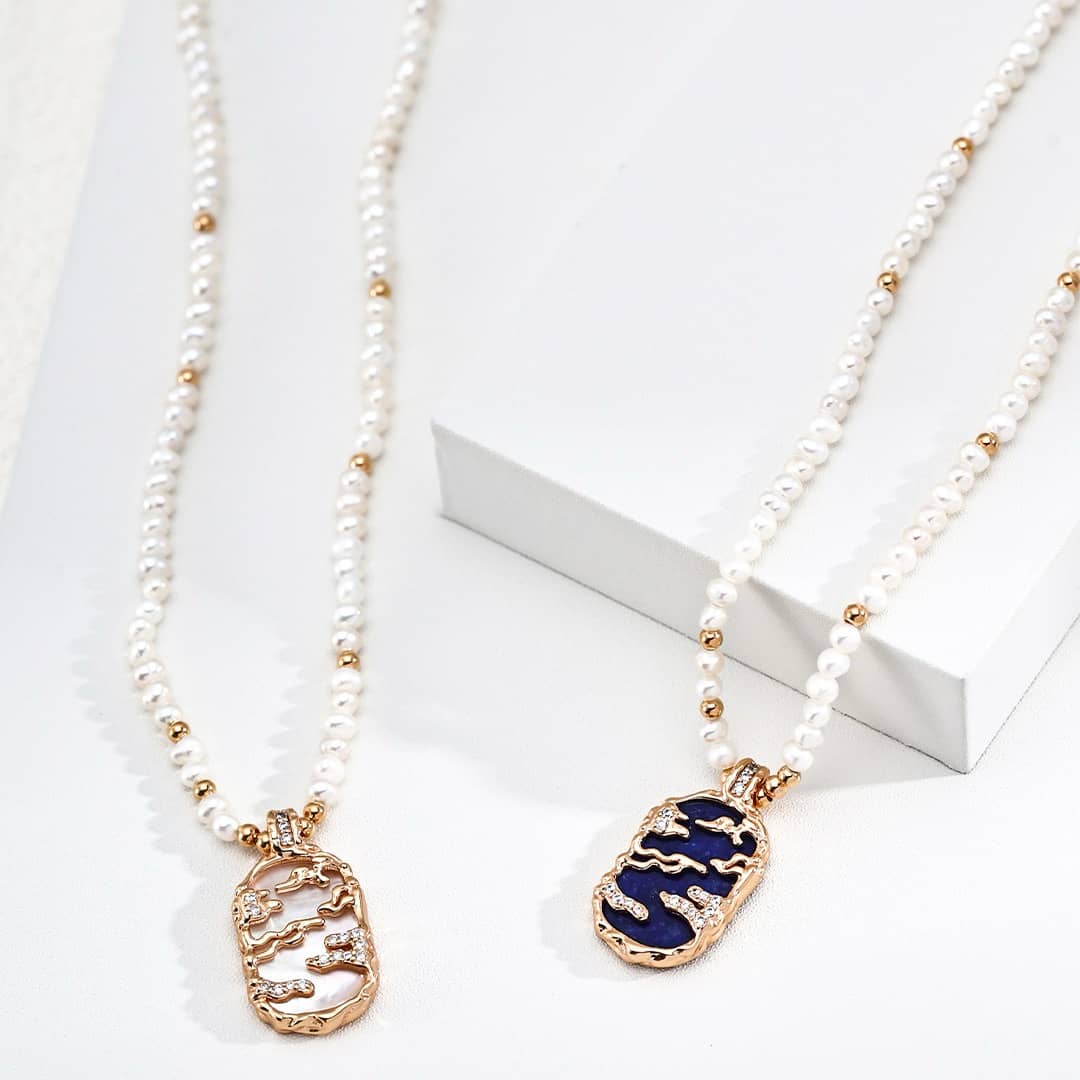 【Dorothea】Sky & Sea Lapis & Mother of Pearl Pendant Necklace Collection | 18K Gold Plated Silver