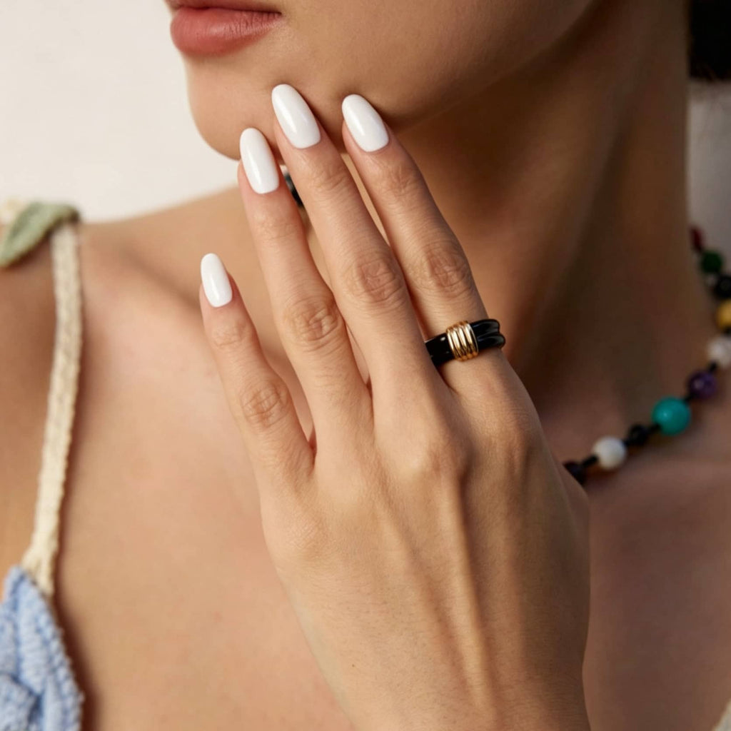 【Dorothea】Black Resin Enamel Double Band Open Ring | 18K Gold Plated Silver