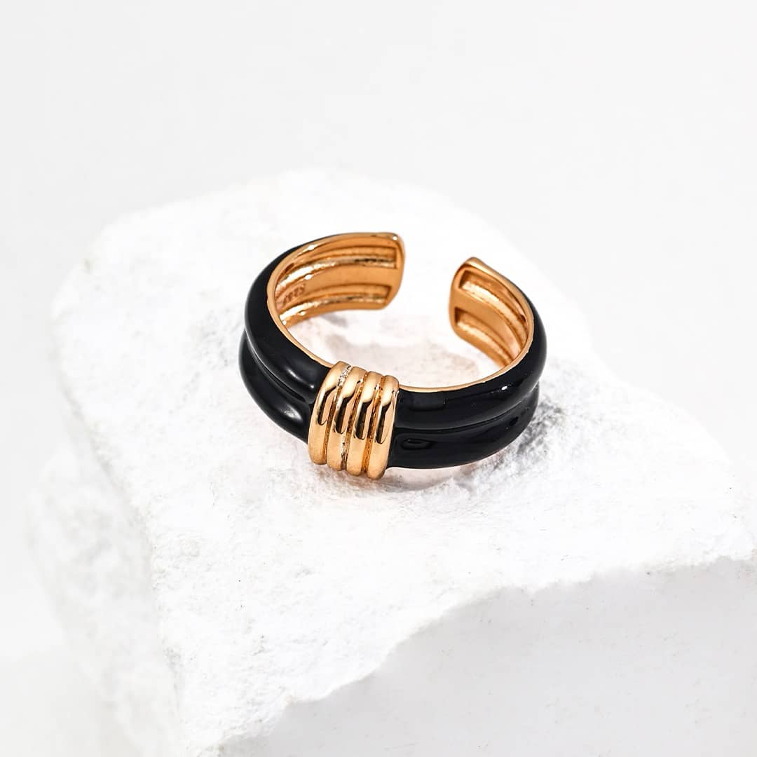 【Dorothea】Black Resin Enamel Double Band Open Ring | 18K Gold Plated Silver