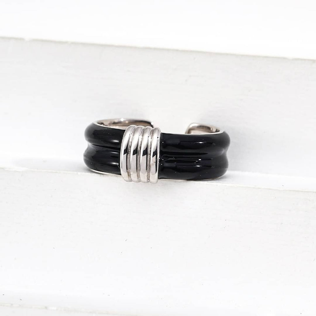 【Dorothea】Black Resin Enamel Double Band Open Ring | 18K Gold Plated Silver