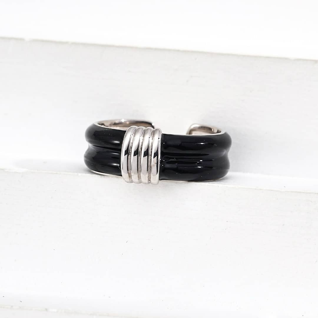 【Dorothea】Black Resin Enamel Double Band Open Ring | 18K Gold Plated Silver