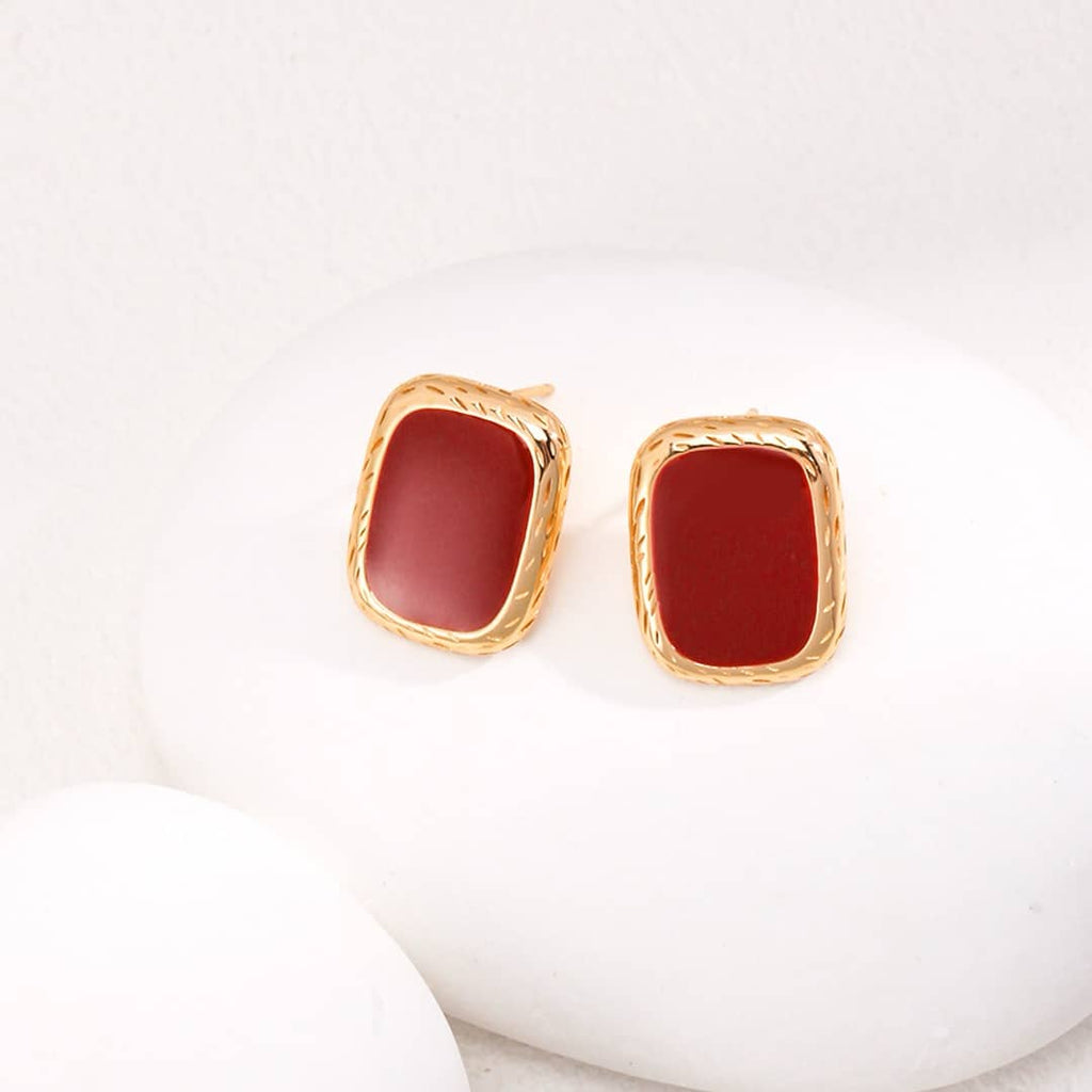 【Dorothea】Red Resin Enamel Rectangle Twisted Frame Stud Earrings | 18K Gold Plated Silver