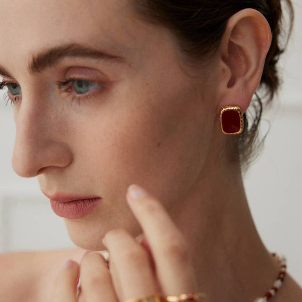 【Dorothea】Red Resin Enamel Rectangle Twisted Frame Stud Earrings | 18K Gold Plated Silver