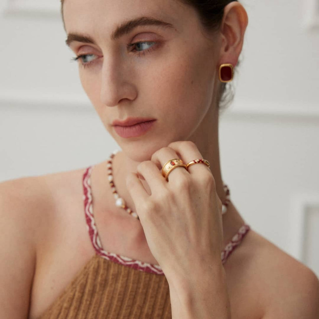 【Dorothea】Red Resin Enamel Rectangle Twisted Frame Stud Earrings | 18K Gold Plated Silver