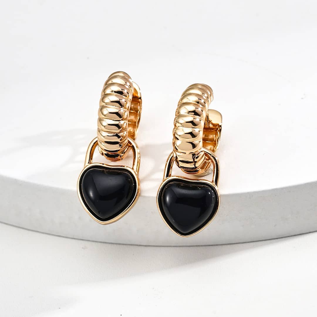 【Dorothea】Detachable Black Onyx Heart Lock Hoop Earrings | 18K Gold Plated Silver