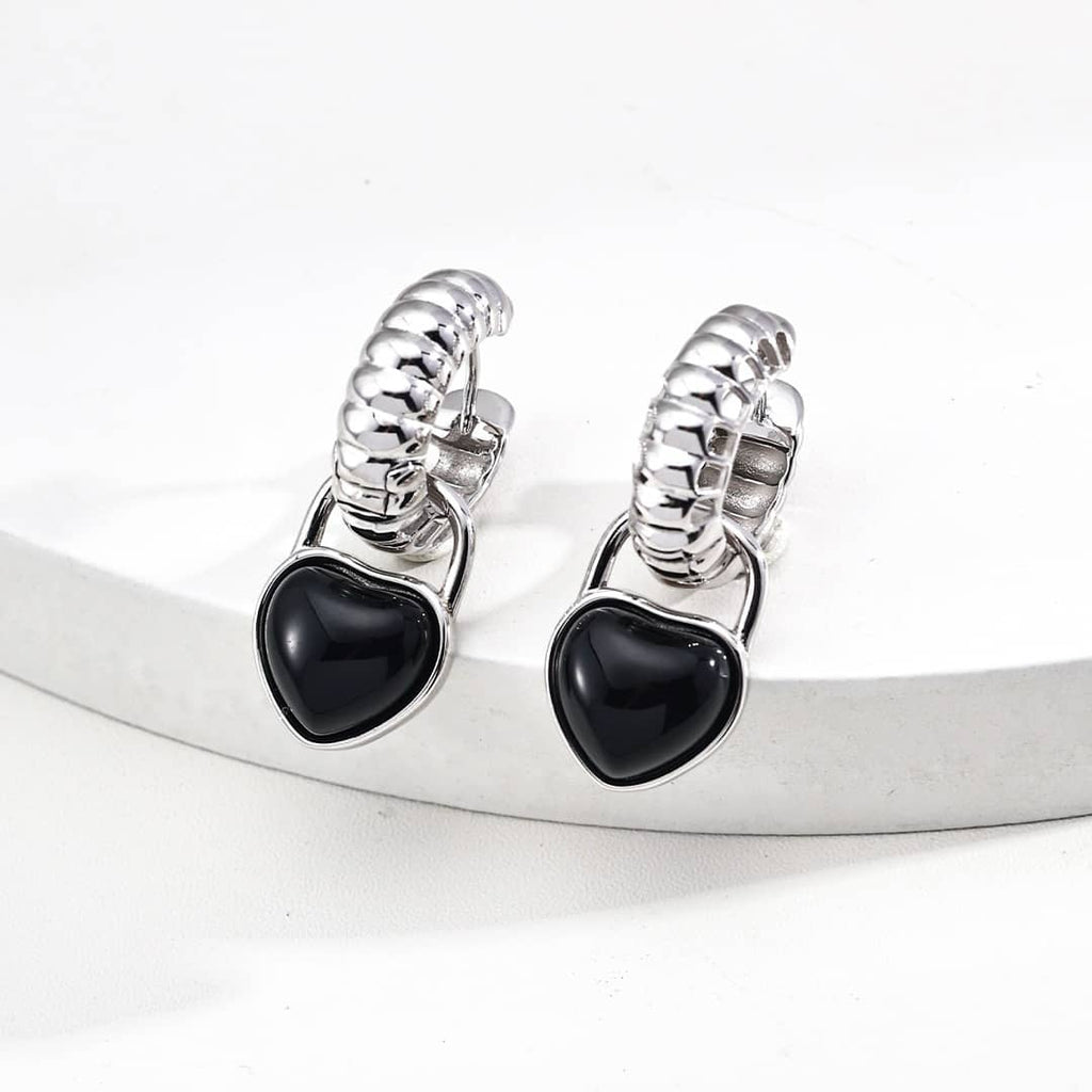 【Dorothea】Detachable Black Onyx Heart Lock Hoop Earrings | 18K Gold Plated Silver