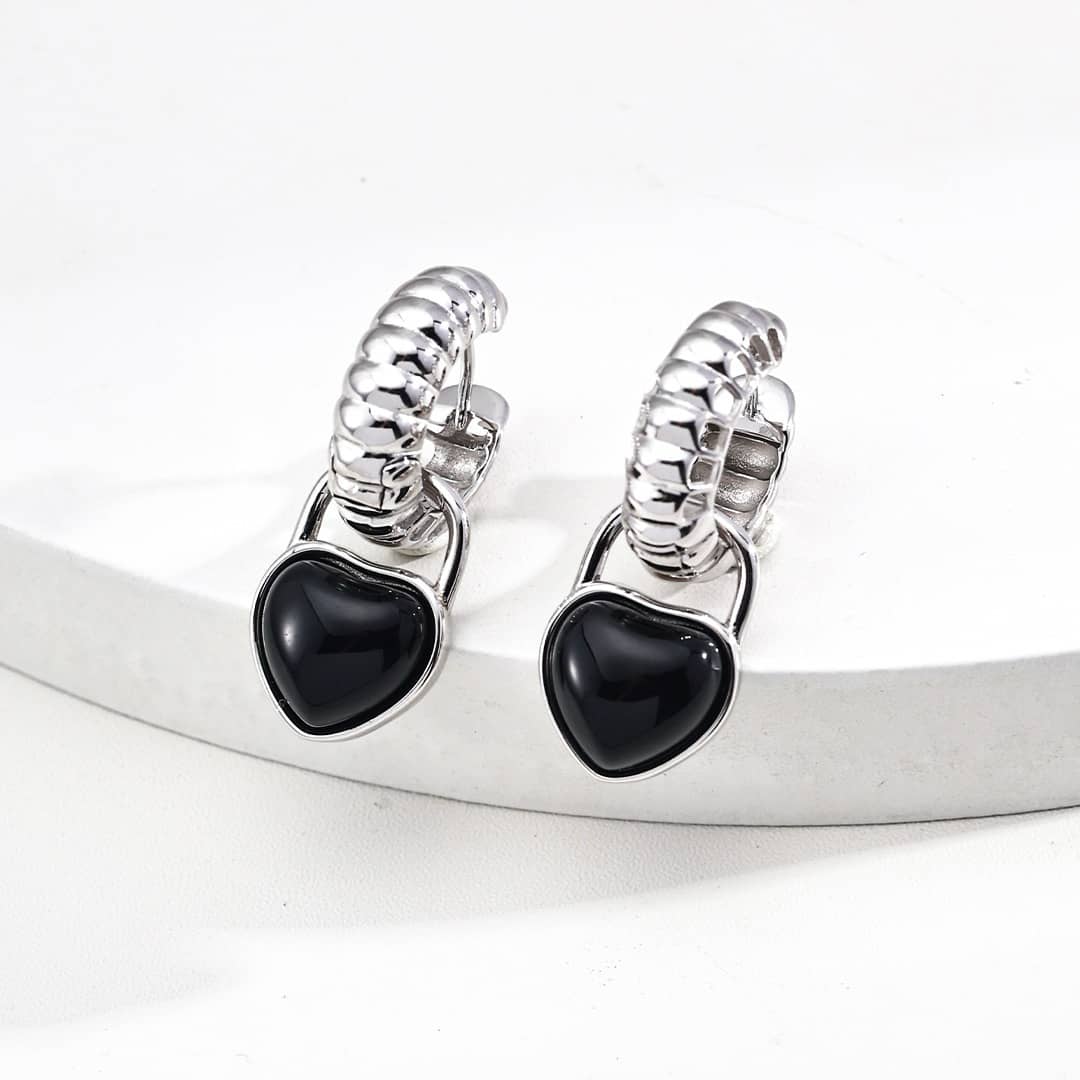 【Dorothea】Detachable Black Onyx Heart Lock Hoop Earrings | 18K Gold Plated Silver