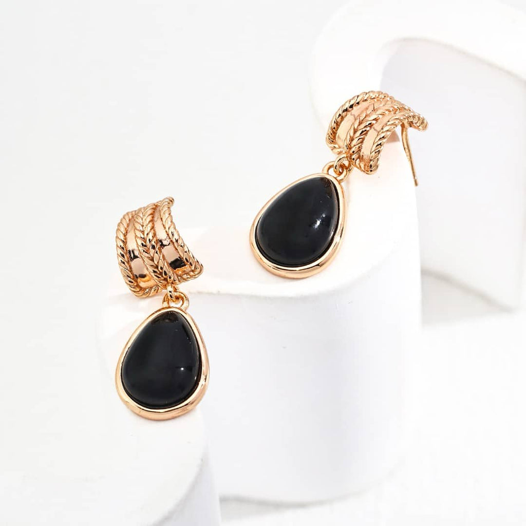 【Dorothea】Twisted Rope Black Synthetic Onyx Drop Earrings | 18K Gold Plated S925 Silver