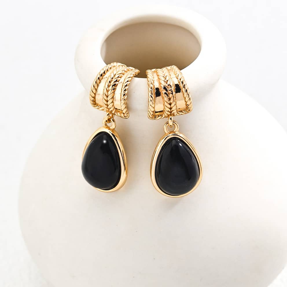 【Dorothea】Twisted Rope Black Synthetic Onyx Drop Earrings | 18K Gold Plated S925 Silver