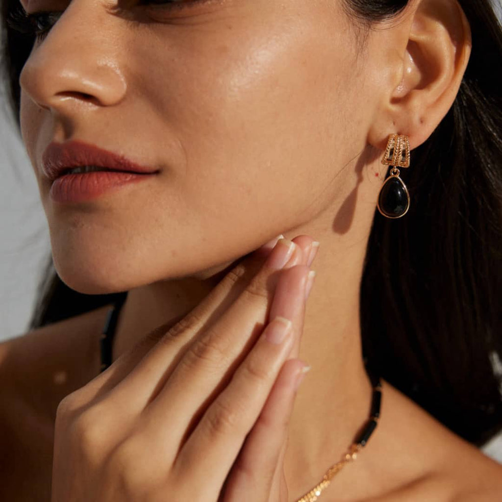 【Dorothea】Twisted Rope Black Synthetic Onyx Drop Earrings | 18K Gold Plated S925 Silver