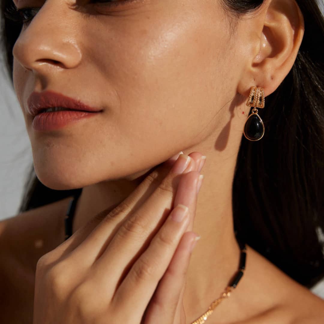 【Dorothea】Twisted Rope Black Synthetic Onyx Drop Earrings | 18K Gold Plated S925 Silver