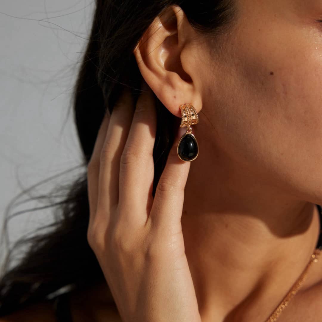 【Dorothea】Twisted Rope Black Synthetic Onyx Drop Earrings | 18K Gold Plated S925 Silver