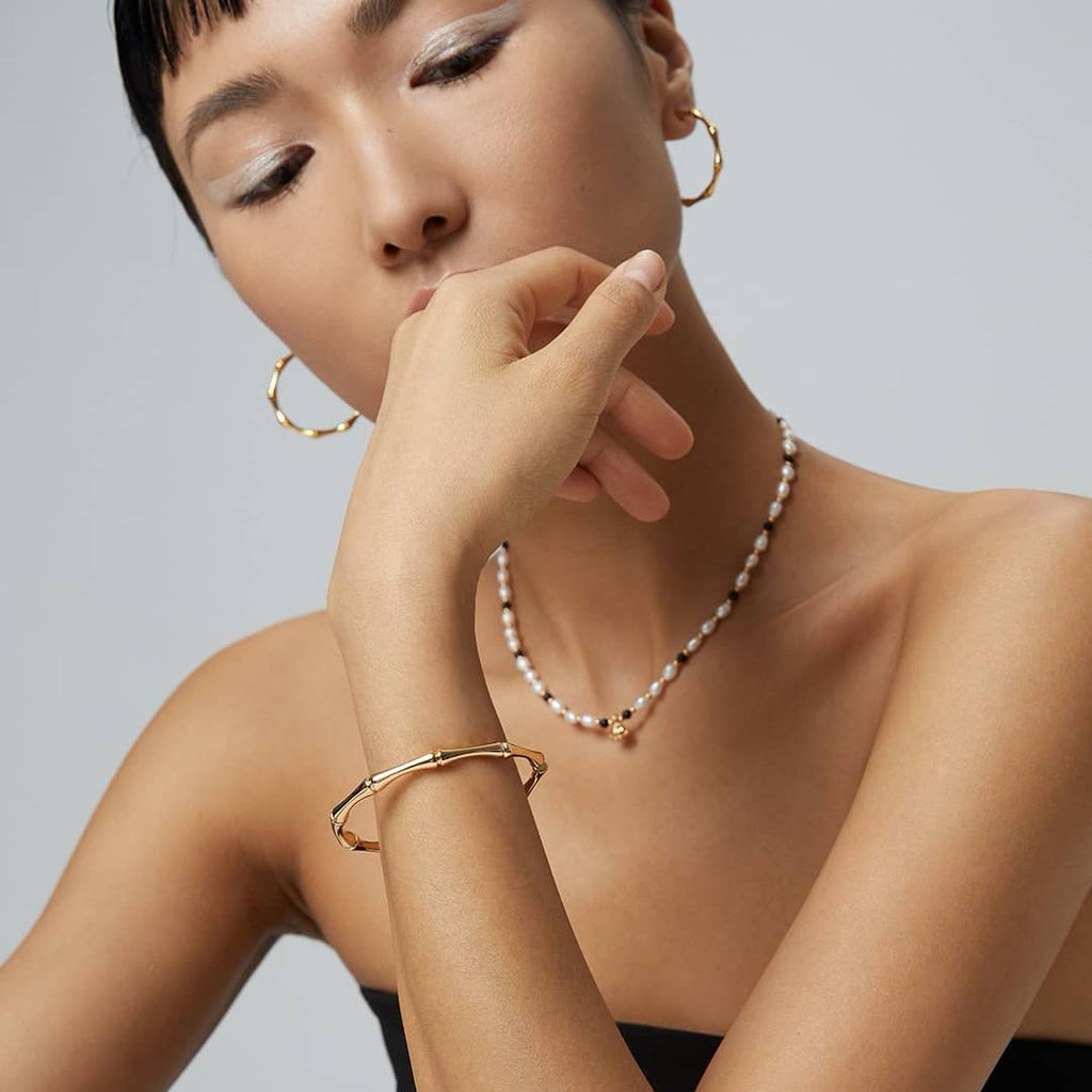 ［Dorothea Jewels］Bamboo Joint C Hoop Earrings & Adjustable Bangle Set