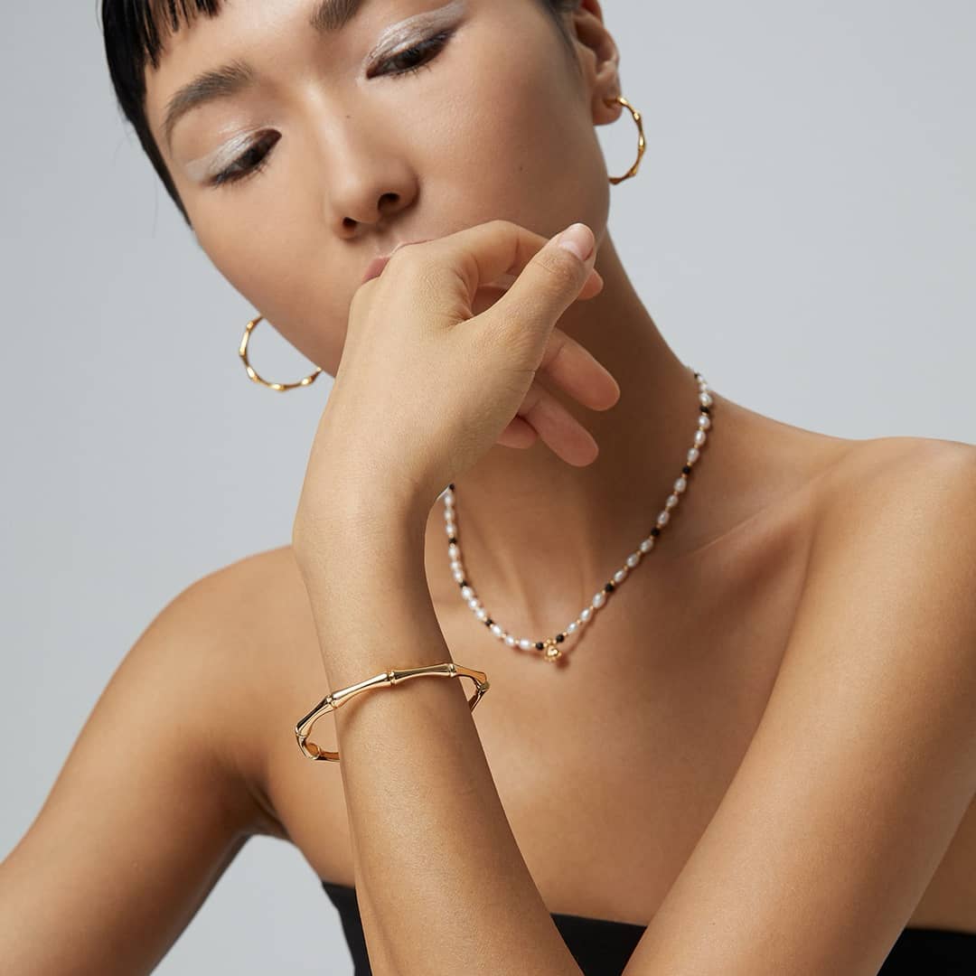 ［Dorothea Jewels］Bamboo Joint C Hoop Earrings & Adjustable Bangle Set