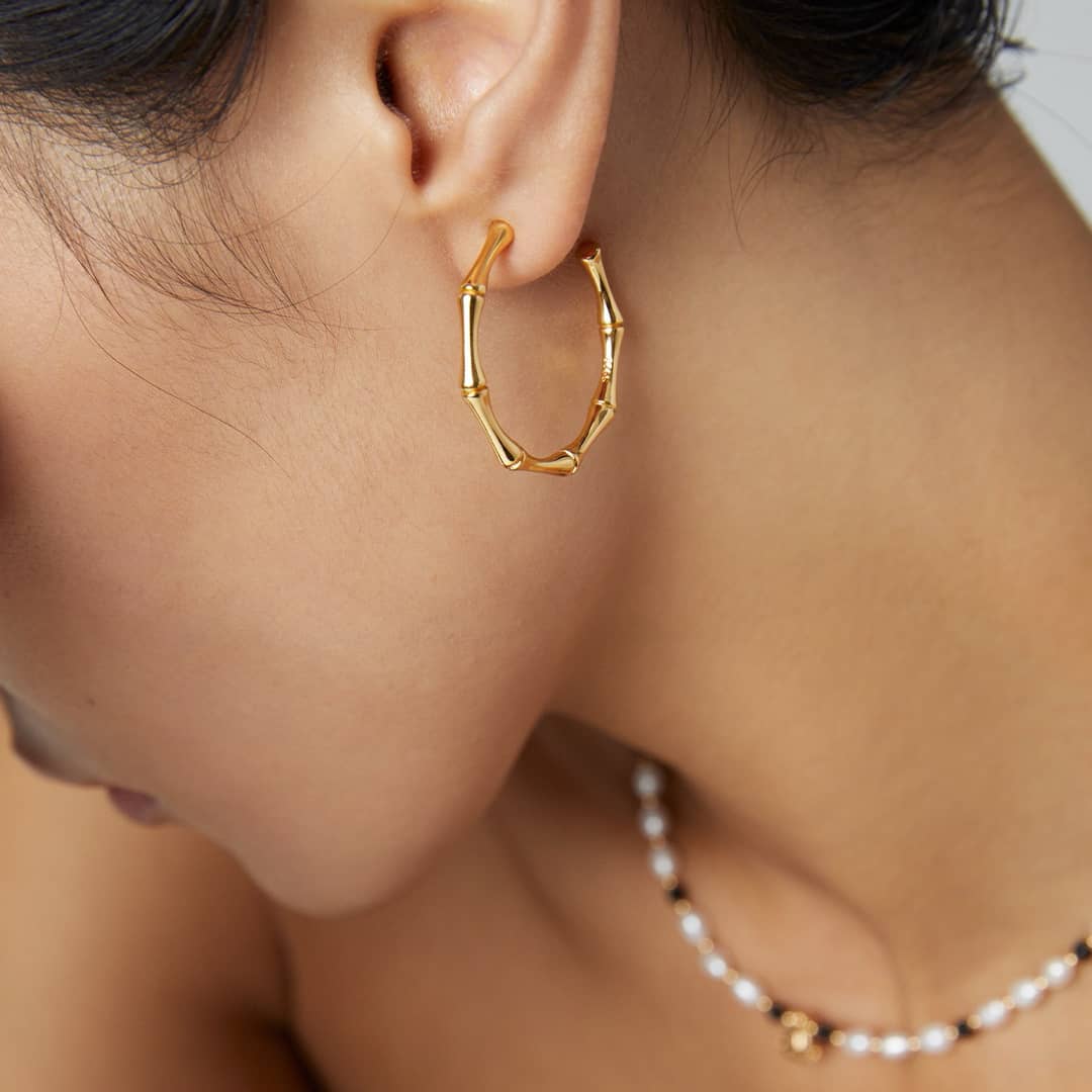 ［Dorothea Jewels］Bamboo Joint C Hoop Earrings & Adjustable Bangle Set